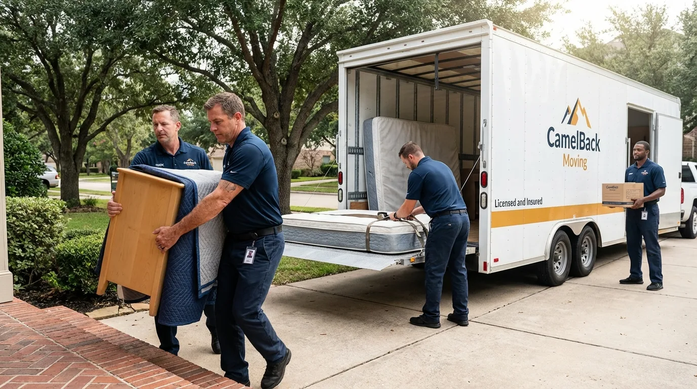 Crew loading residential truck for cross-state move from Roscoe, IL