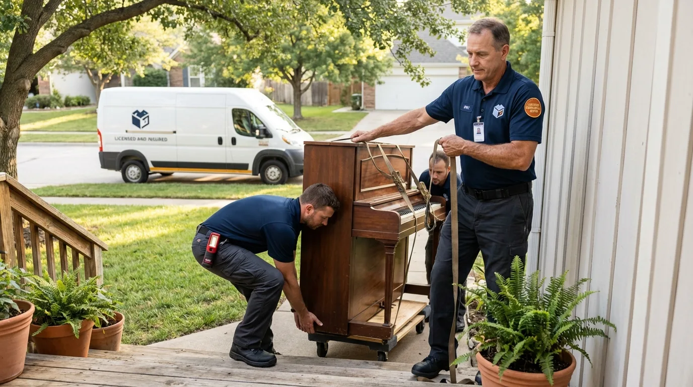 Licensed piano movers securing grand piano in Roscoe, IL